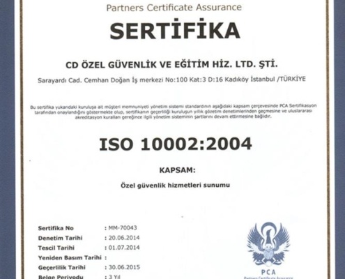 CD Özel Güvenlik ISO 10002:2004 Sertifika